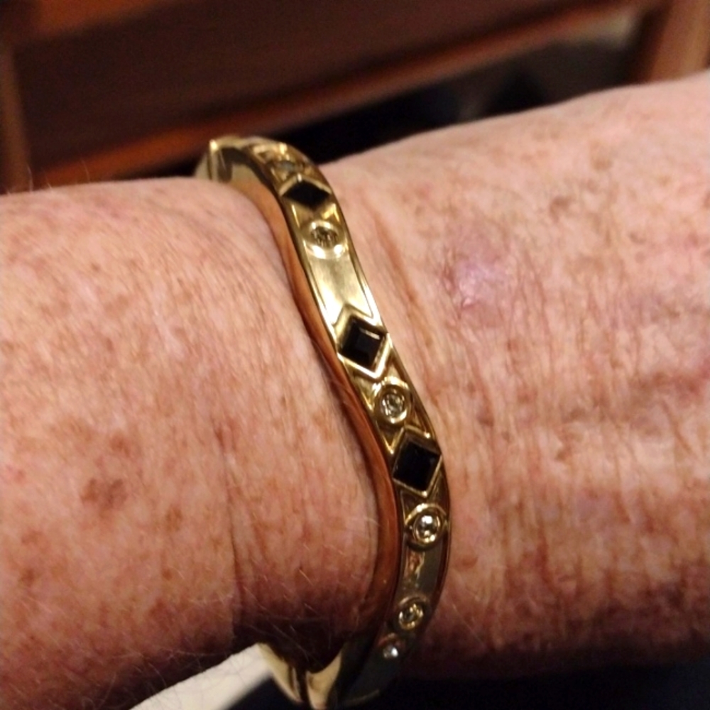 Bracelet - gold tone, hinged, black rhinestones